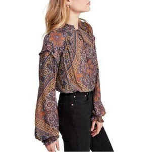 Free People Little Runaway Blouse In Black Combo Women's S Boho Festival Hippie